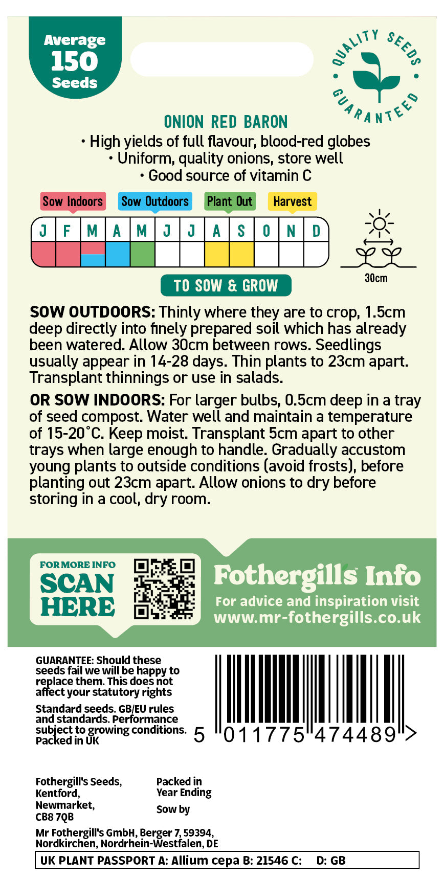 Mr Fothergill's Onion Red Baron Seeds Packet