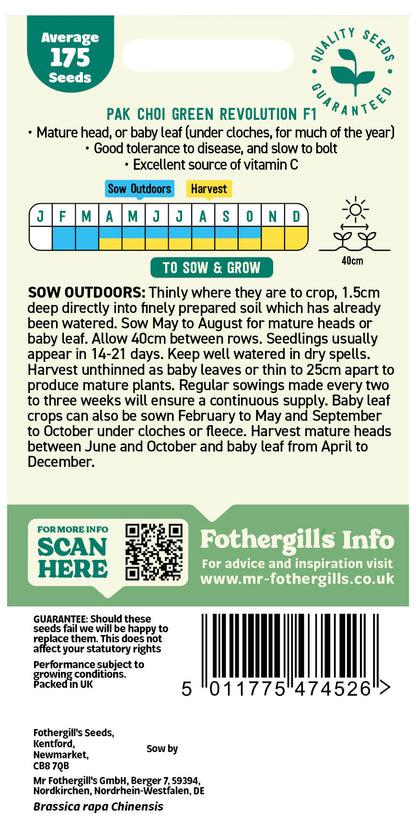 Mr Fothergill's Pak Choi Green Revolution F1 Seeds Packet
