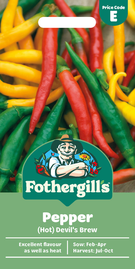 Fothergill's hot pepper seeds packaging with colorful peppers on a green background