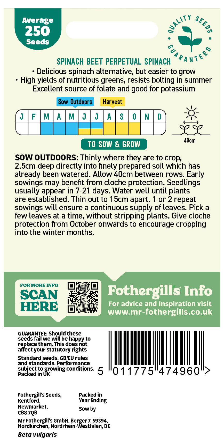 Mr Fothergill's Spinach Beet Perpetual Spinach Seeds Packet