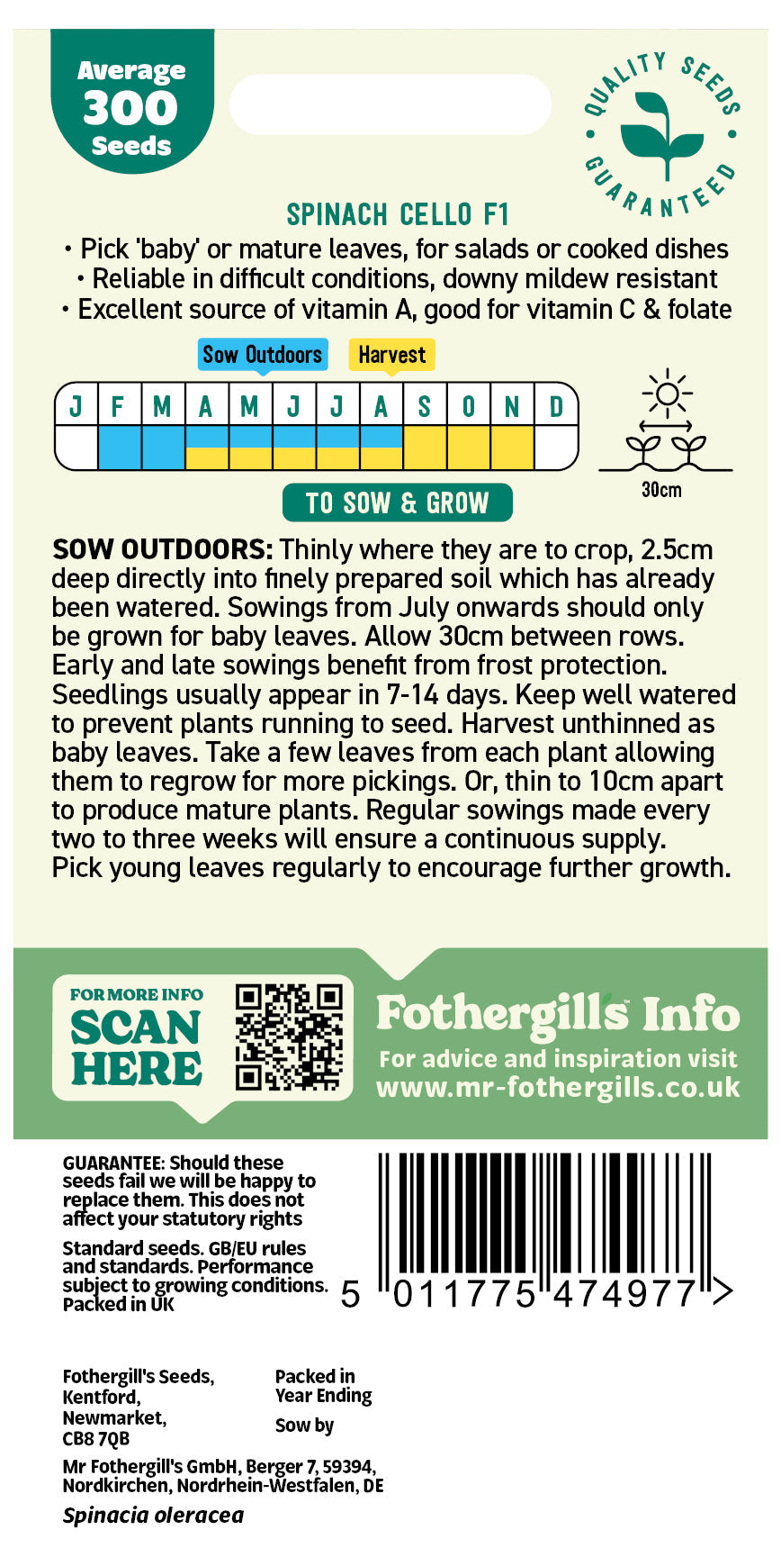 Mr Fothergill's Spinach Cello F1 Seeds Packet