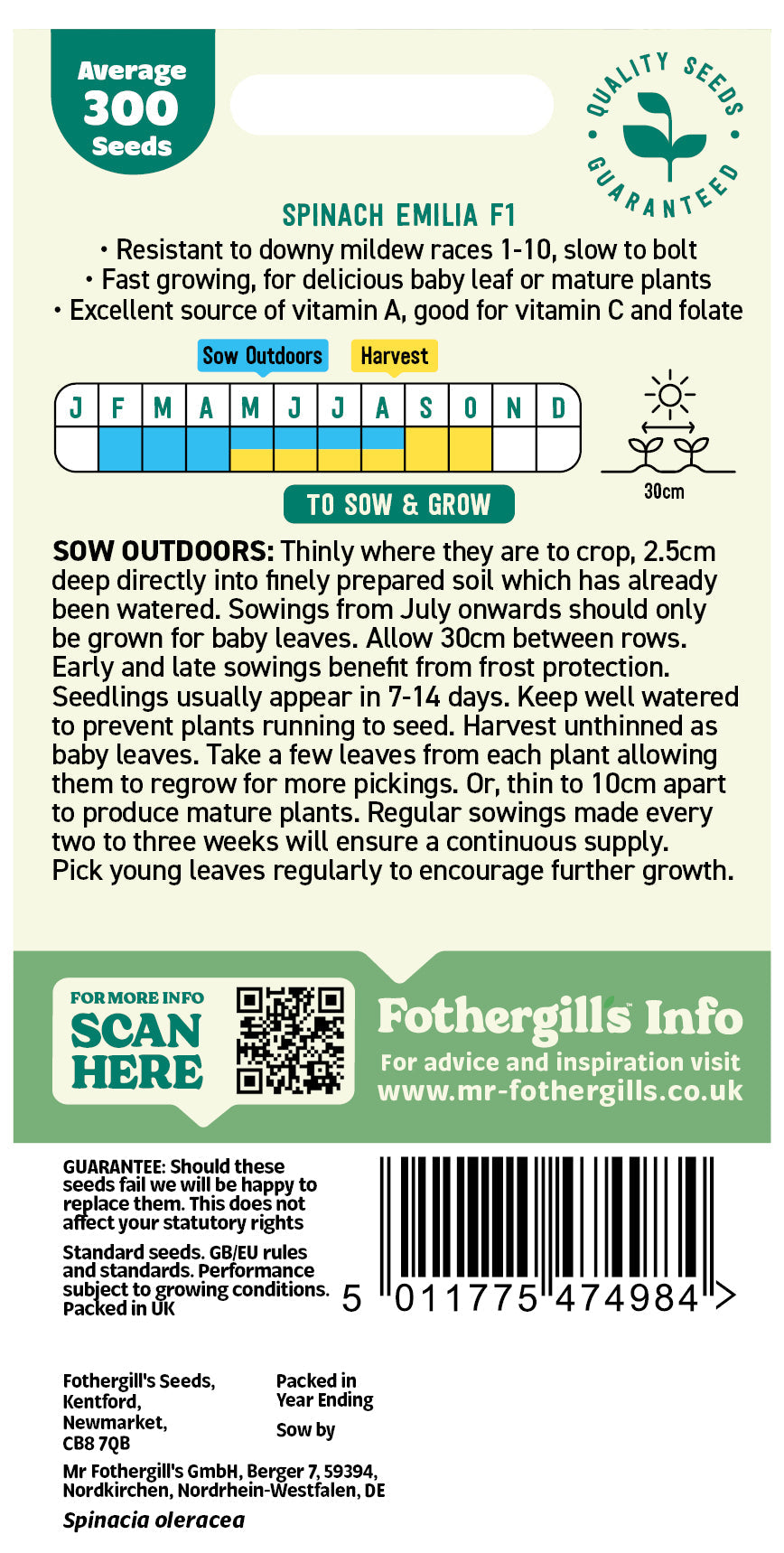Mr Fothergill's Spinach Emilia F1 Seeds Packet