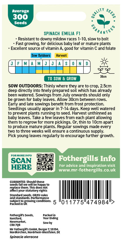 Mr Fothergill's Spinach Emilia F1 Seeds Packet