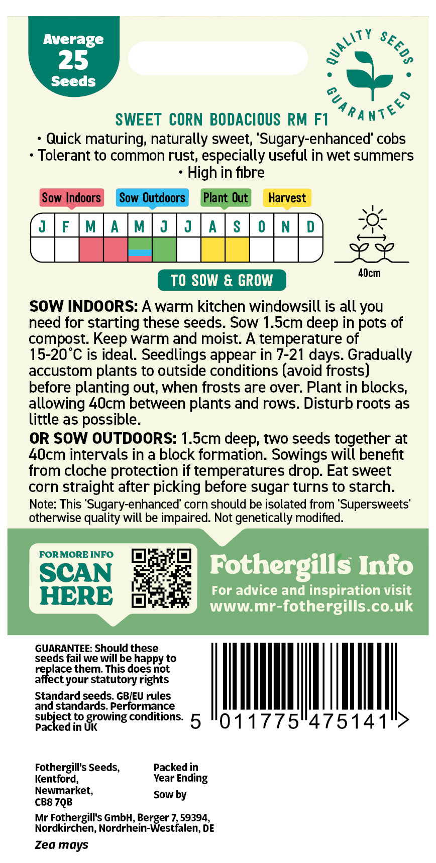 Mr Fothergill's Sweet Corn Bodacious Rm F1 Seeds Packet