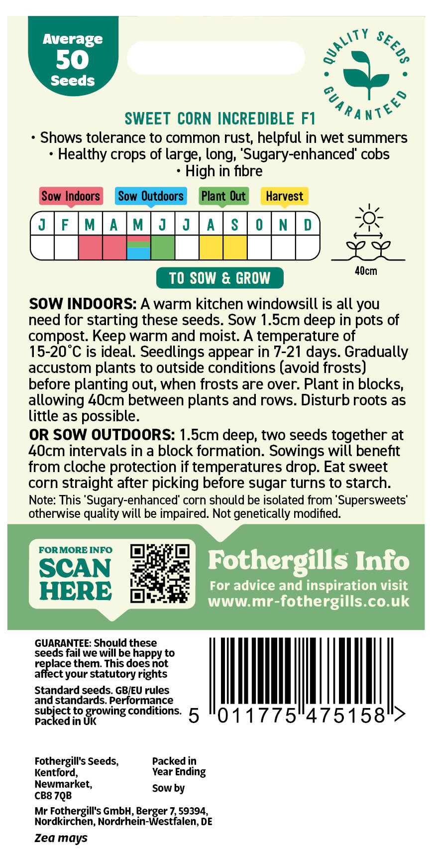 Mr Fothergill's Sweet Corn Incredible F1 Seeds Packet