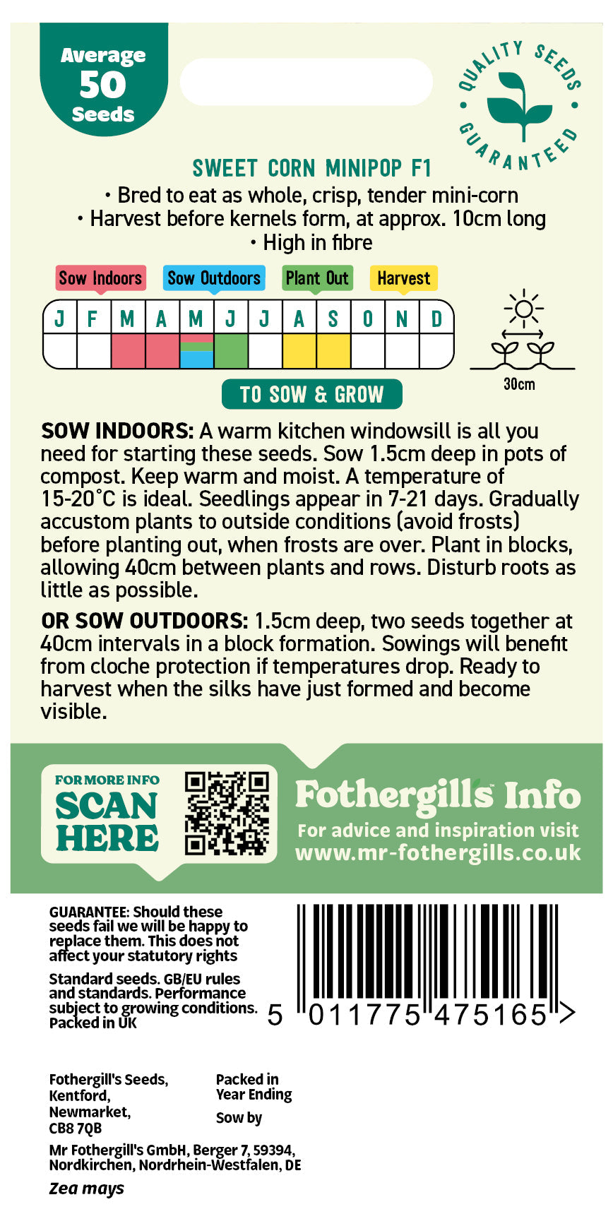 Mr Fothergill's Sweet Corn Minipop F1 Seeds Packet