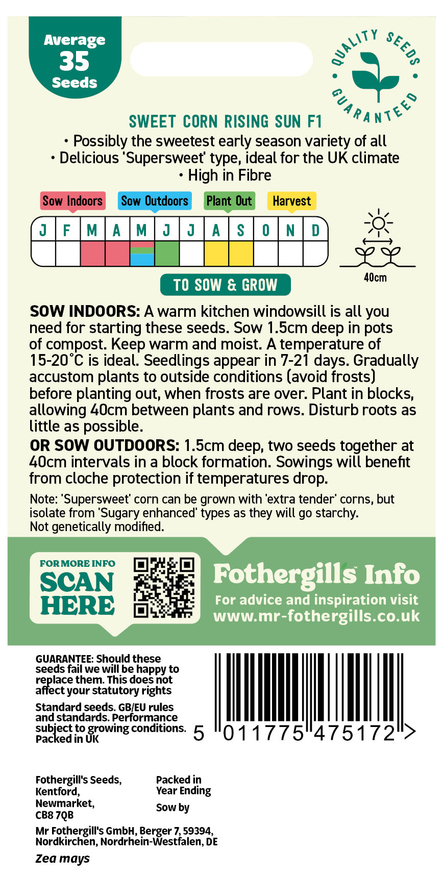 Mr Fothergill's Sweet Corn Rising Sun F1 Seeds Packet