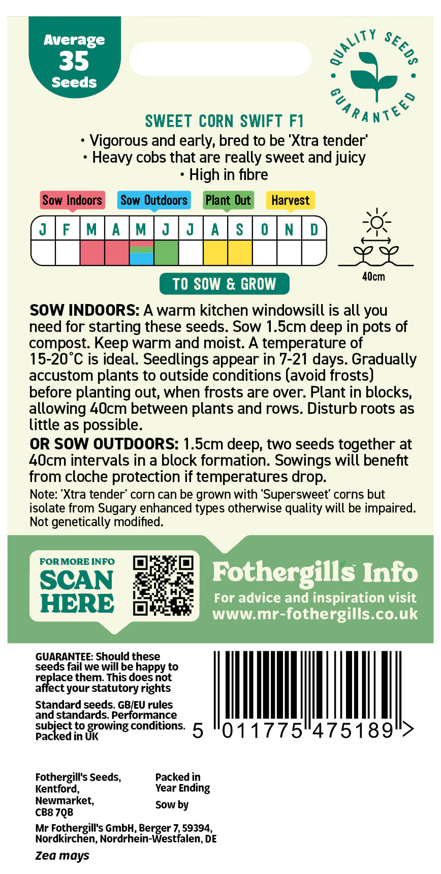 Mr Fothergill's Sweet Corn Swift F1 Seeds Packet
