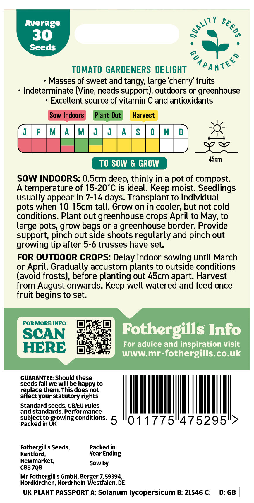 Mr Fothergill's Tomato Gardeners Delight Seeds Packet