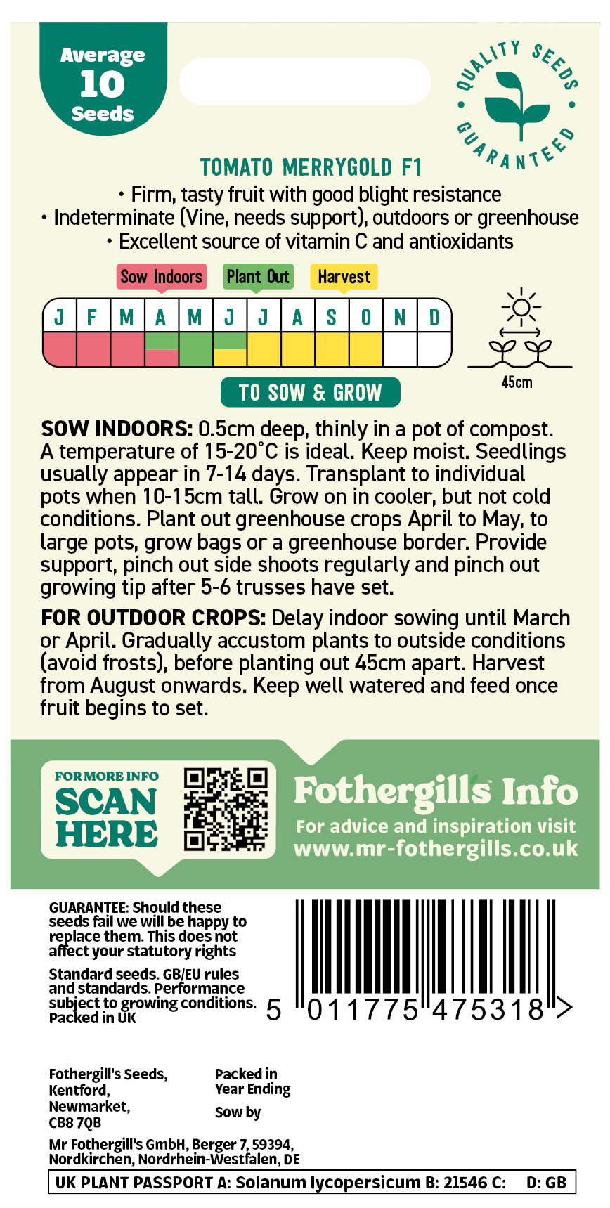 Mr Fothergill's Tomato Merrygold F1 Seeds Packet