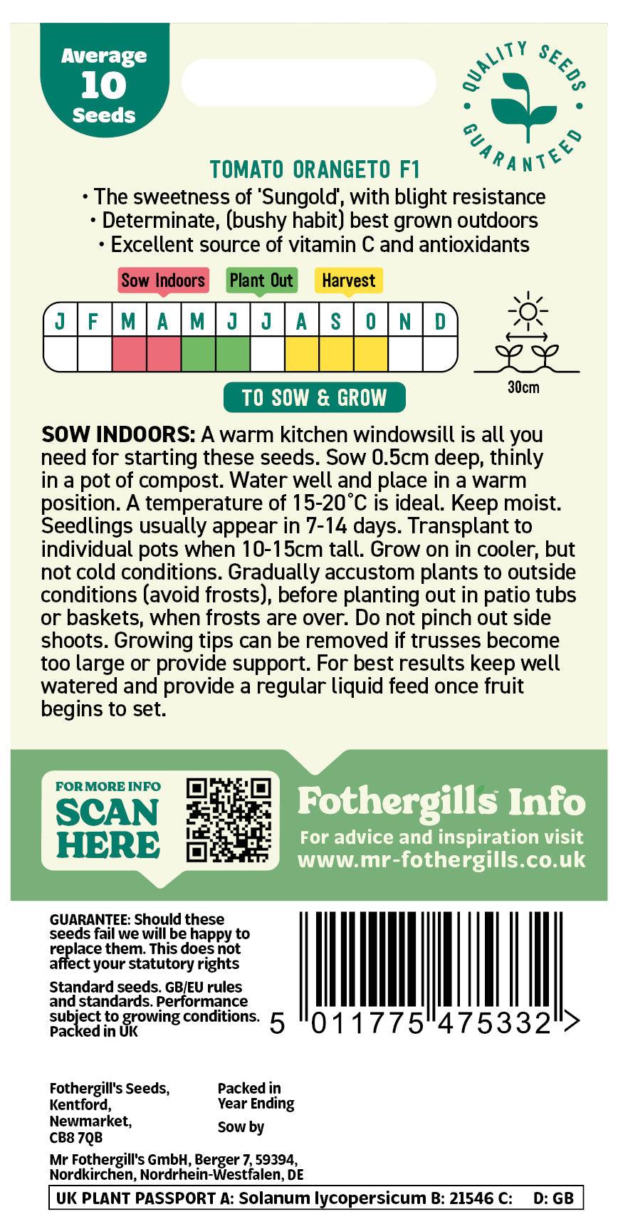 Mr Fothergill's Tomato Orangeto F1 Seeds Packet