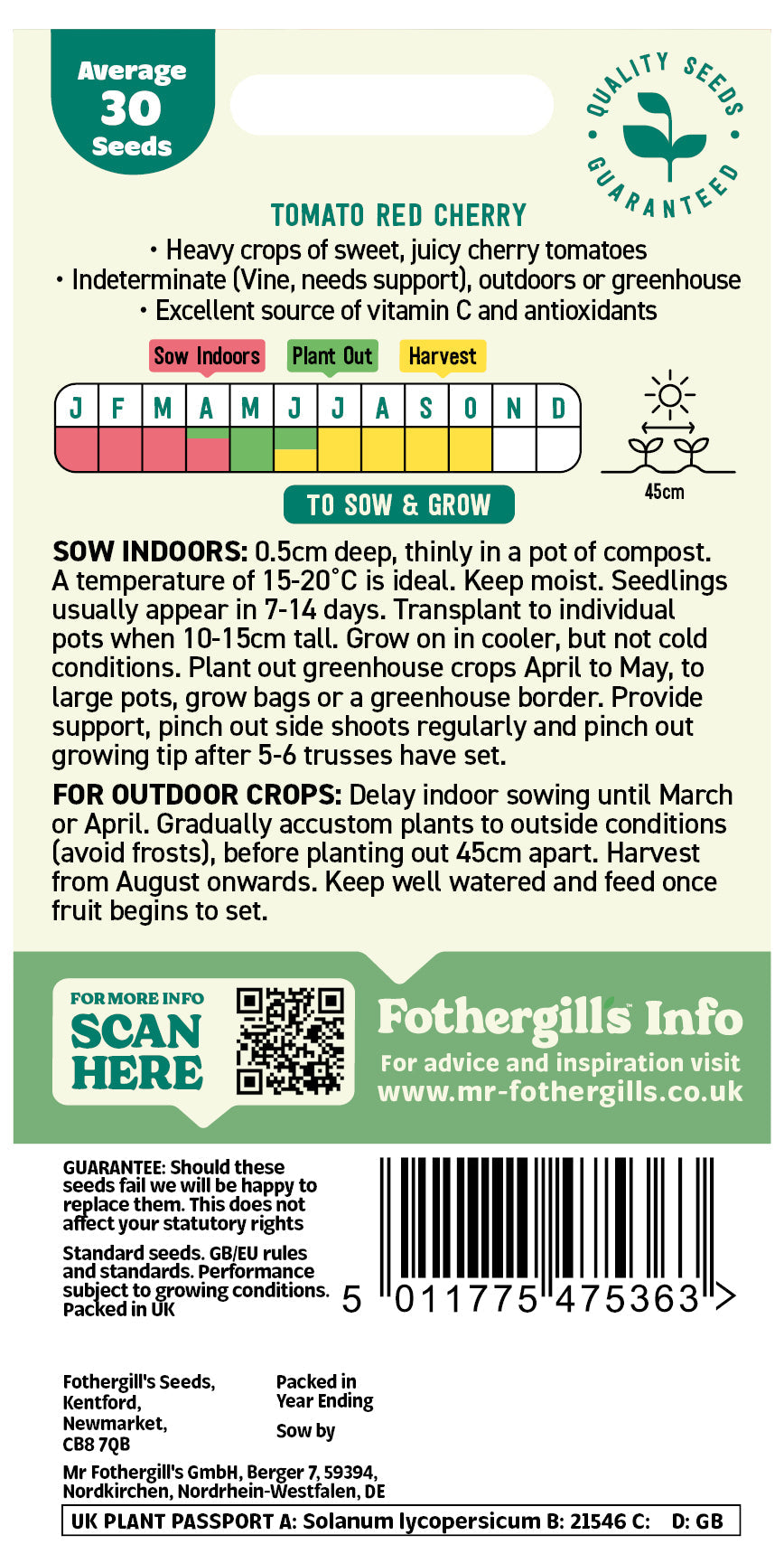 Mr Fothergill's Tomato Red Cherry Seeds Packet