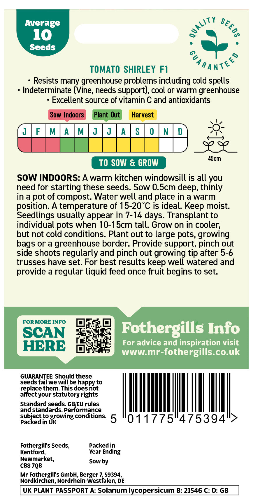 Mr Fothergill's Tomato Shirley F1 Seeds Packet