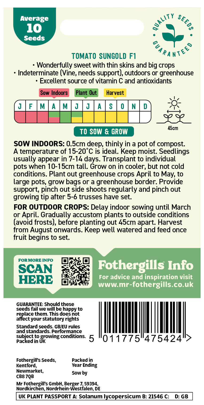 Mr Fothergill's Tomato Sungold F1 Seeds Packet
