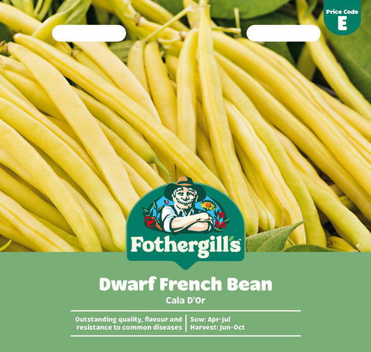 Bunch of yellow dwarf French beans with Fothergills logo and product details.