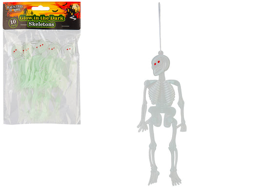 Packaged and unpackaged Halloween skeleton decorations on a plain white background. The left side shows a clear plastic bag with a Halloween-themed header card reading 'Glow in the Dark Skeleton' and '10 Pack' from 'Haunted House'.
