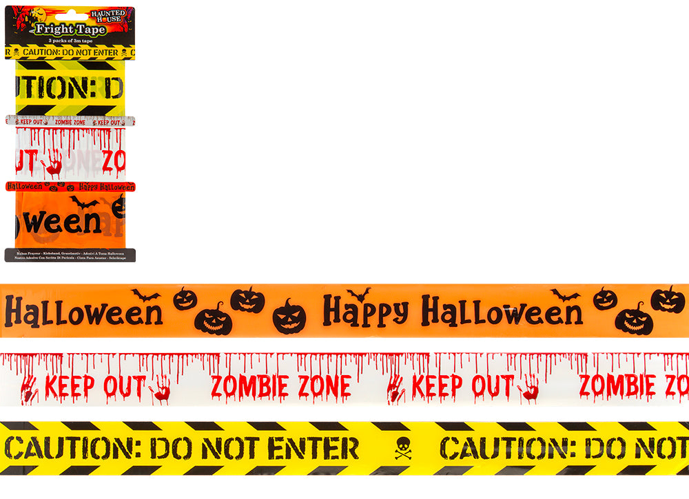 Three rolls of Halloween caution-style tape shown on a white background: a packaged roll at top left, a bright orange roll with black pumpkins and the words 'Halloween Happy Halloween,' a white roll with red dripping text reading 'KEEP OUT ZOMBIE ZONE,' and a yellow-and-black 'CAUTION: DO NOT ENTER' roll.