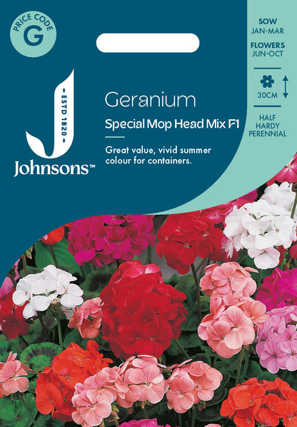 Johnsons Geranium Special Mop Head Mix F1 Seeds Packet