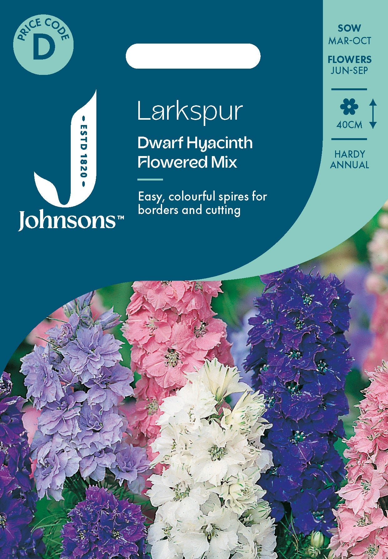 Johnsons Larkspur Dwarf Hyacinth Flowered Mix Seeds Packet