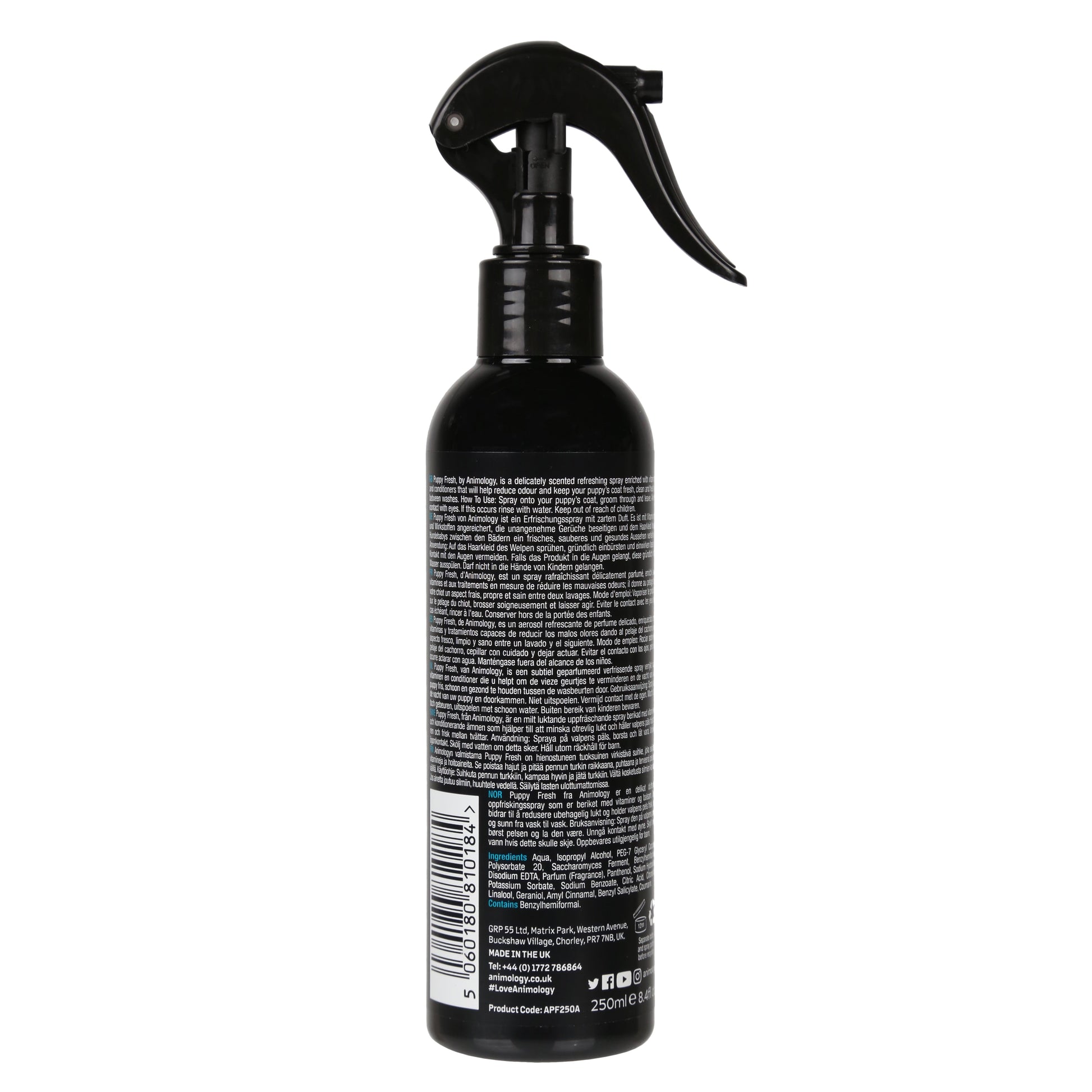 Black spray bottle with a label on a white background