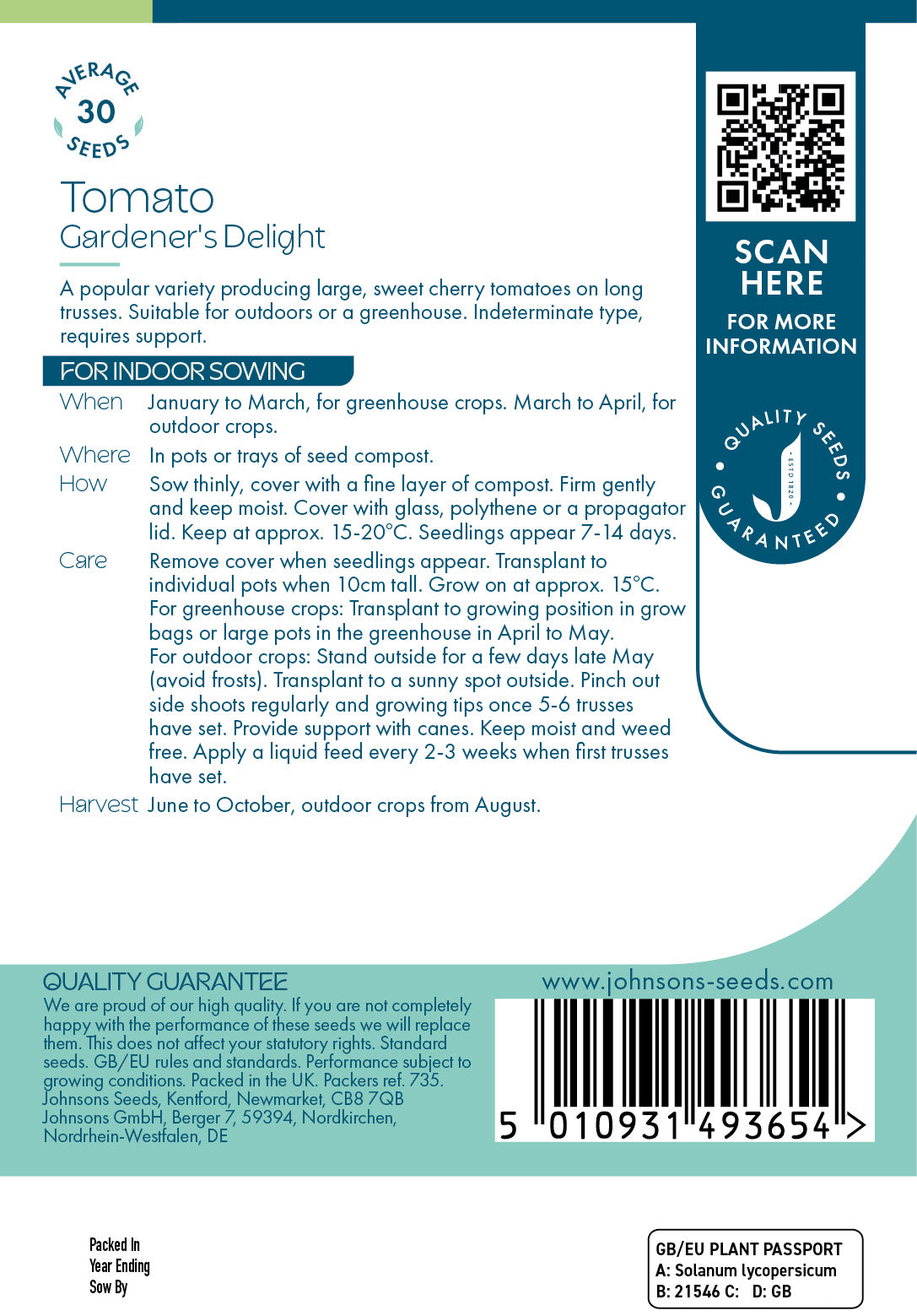 Seed packet for Tomato Gardener's Delight with text and QR code on a blue background