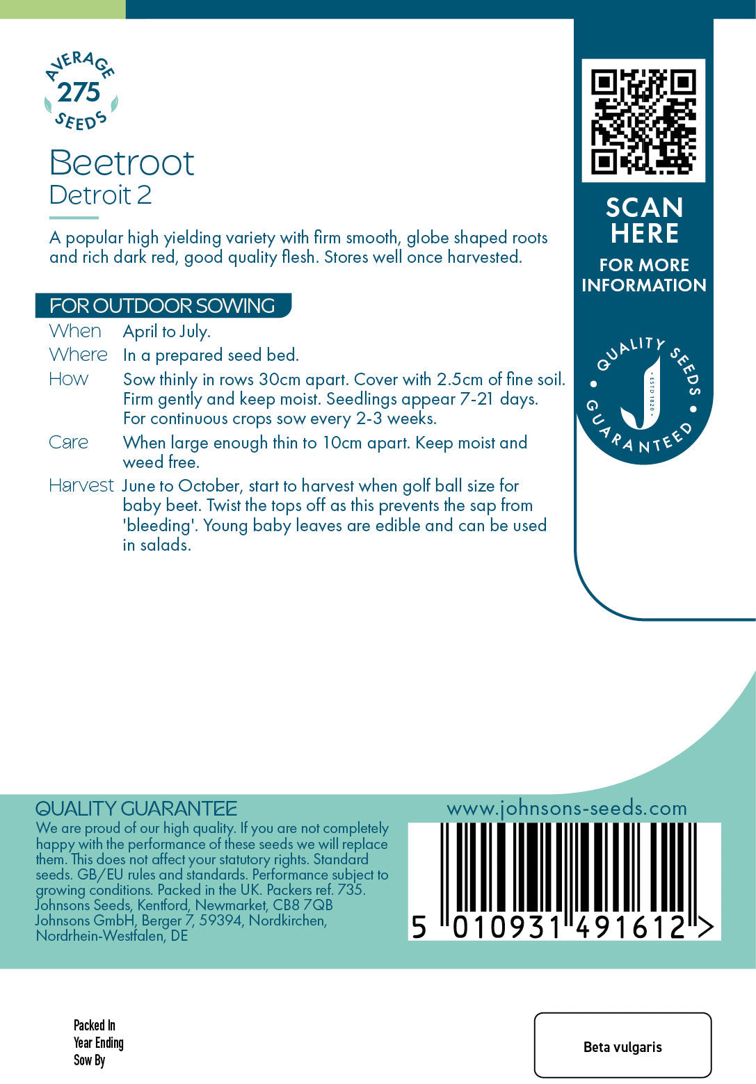 Johnsons Beetroot Detroit 2 Seeds Packet