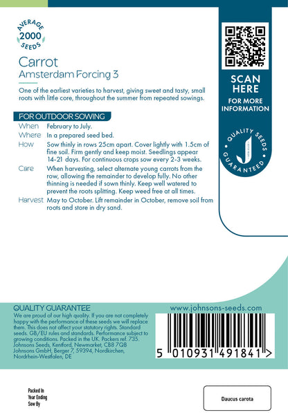 Johnsons Carrot Amsterdam Forcing 3 Seeds Packet