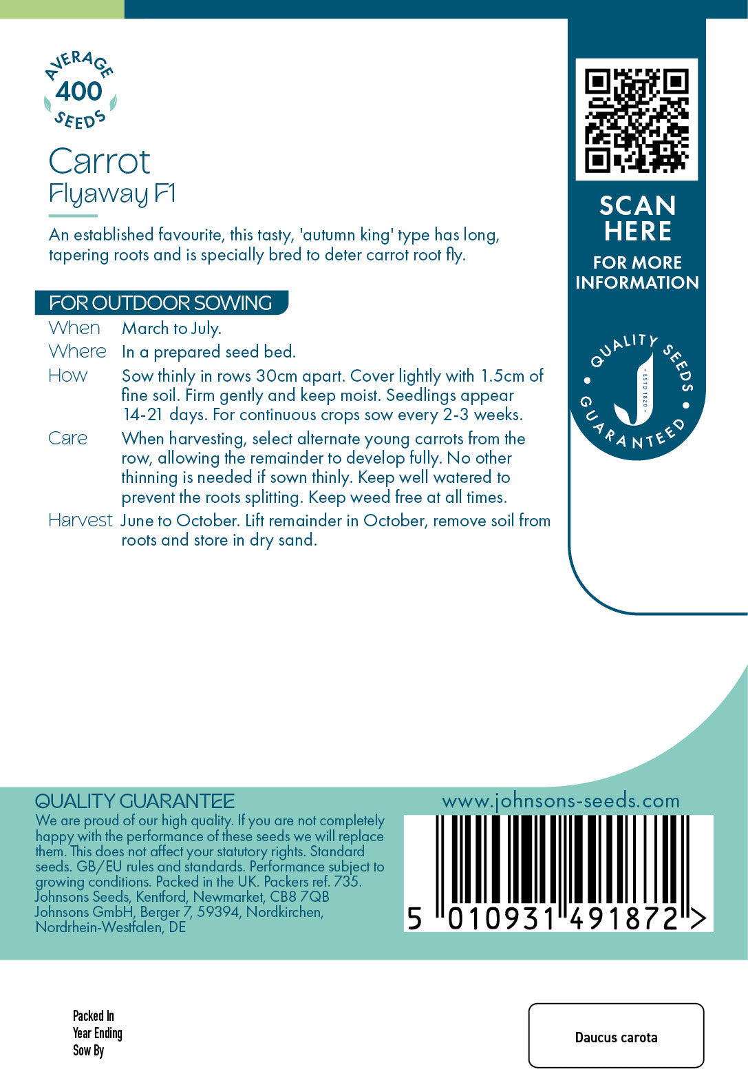 Johnsons Carrot Flyaway F1 Seeds Packet
