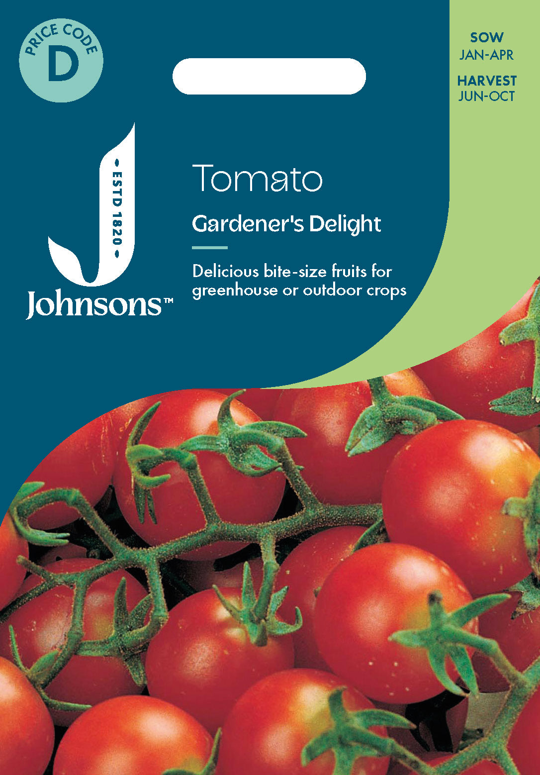 Johnson's Tomato 'Gardener's Delight' seed packet with red tomatoes on a blue background