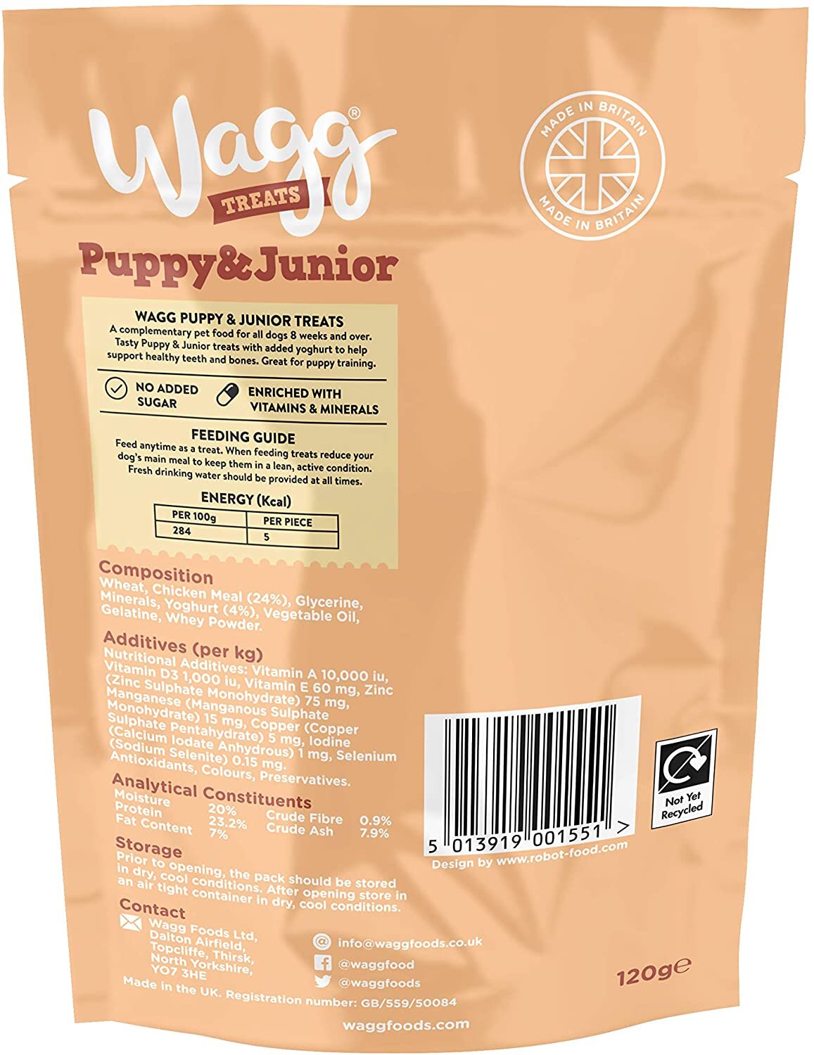Wagg Puppy & Junior Treats - Chicken & Yoghurt Meaty Bites 120g on a white background