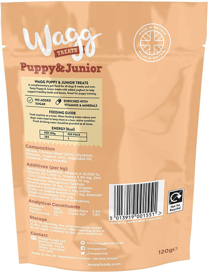 Wagg Puppy & Junior Treats - Chicken & Yoghurt Meaty Bites 120g on a white background