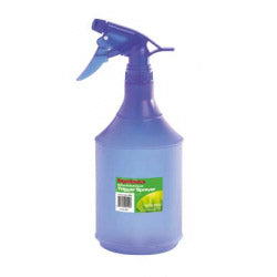 Blue spray bottle with a label on a white background