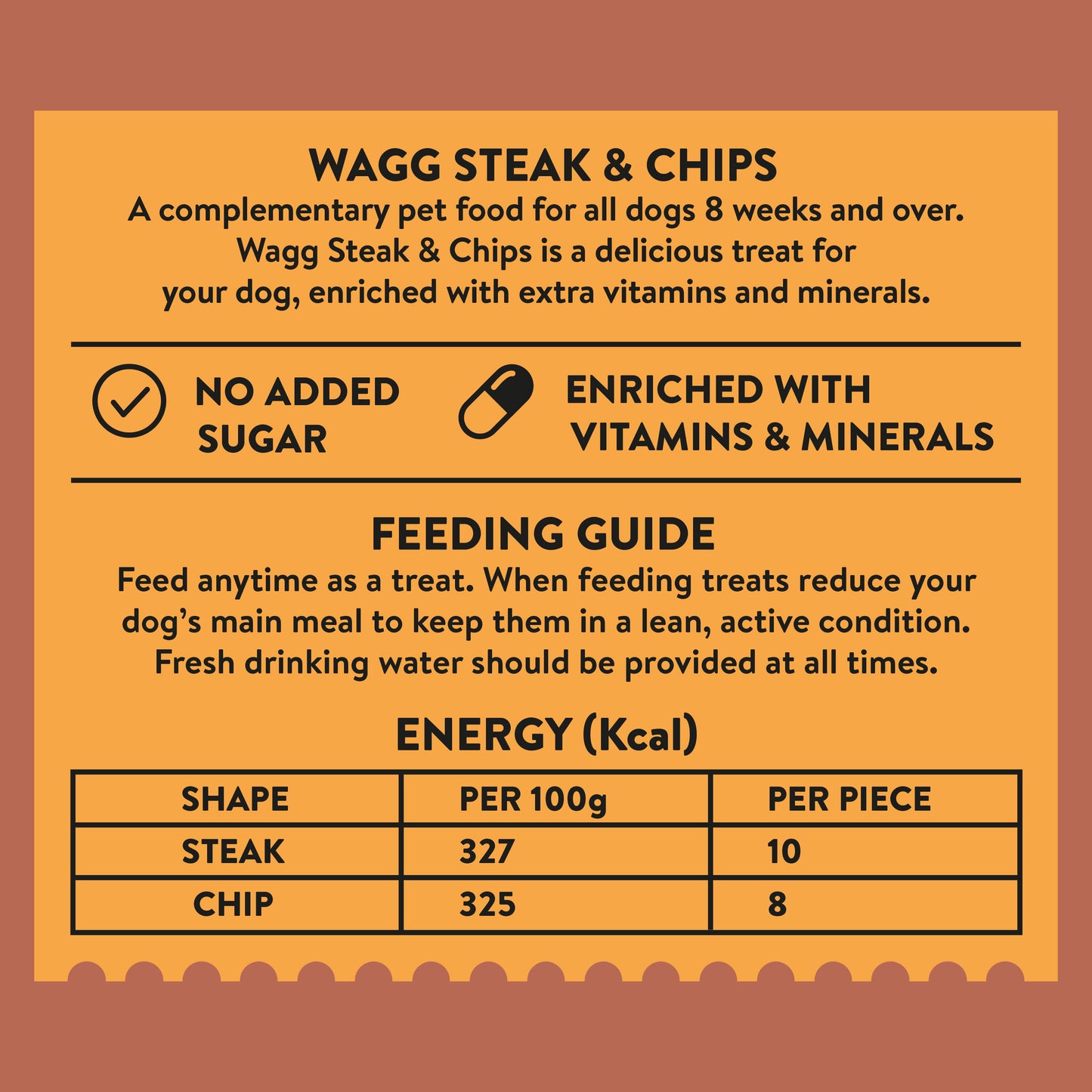 Nutritional information and feeding guide for Wagg Treats Steak & Chips
