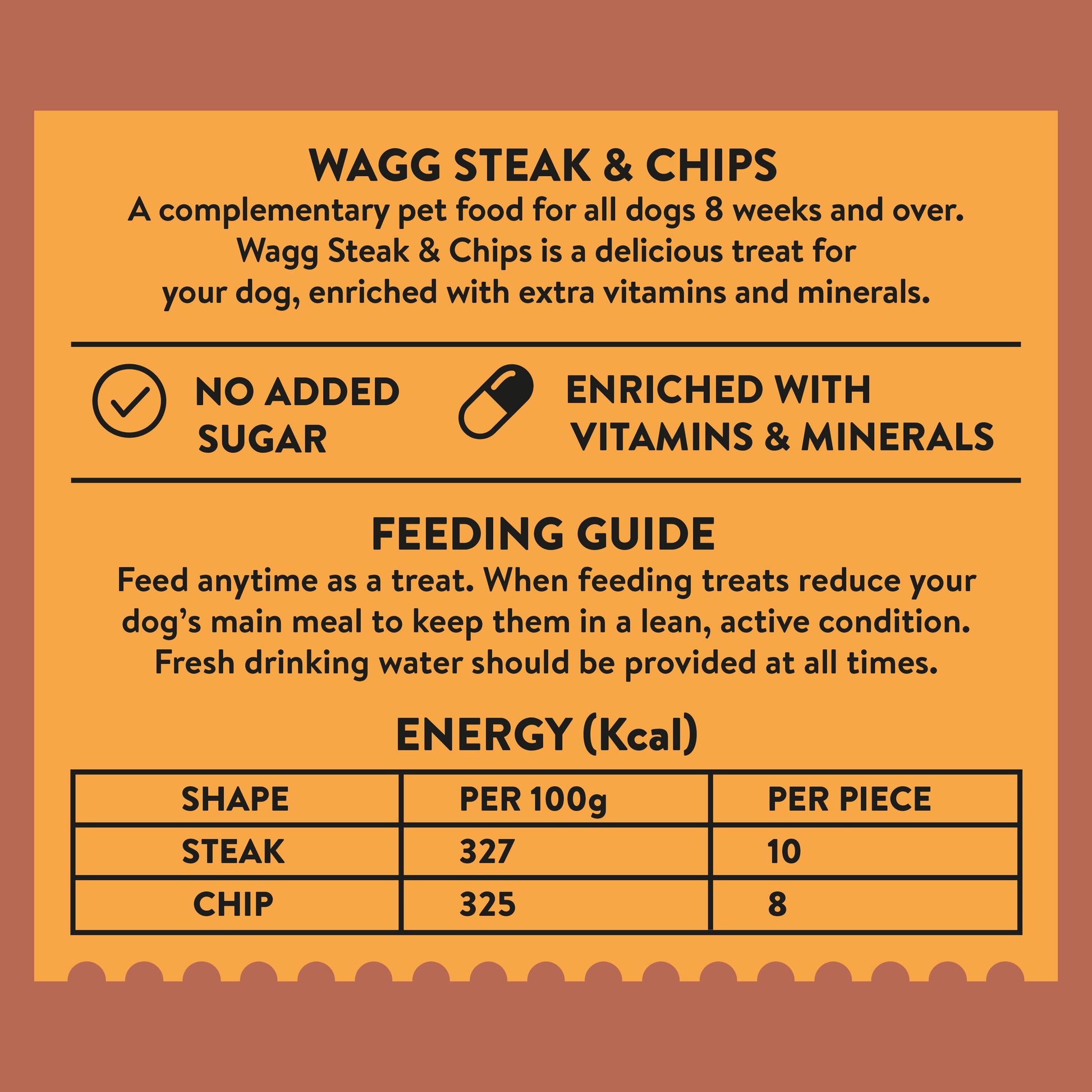 Nutritional information and feeding guide for Wagg Treats Steak & Chips