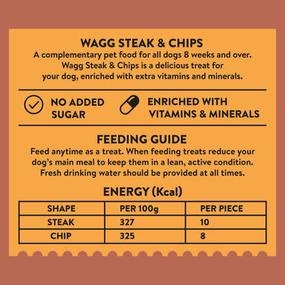 Nutritional information and feeding guide for Wagg Treats Steak & Chips