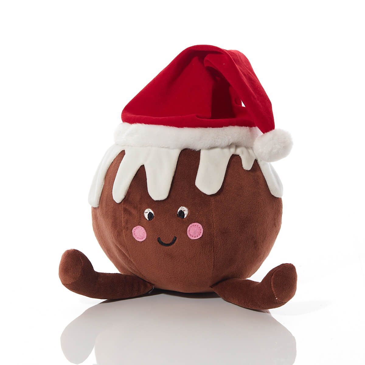 Christmas Pudding Plush Soft Toy | Brown felt figure with white icing, pink cheeks, and a red Santa hat | UK festive soft decoration