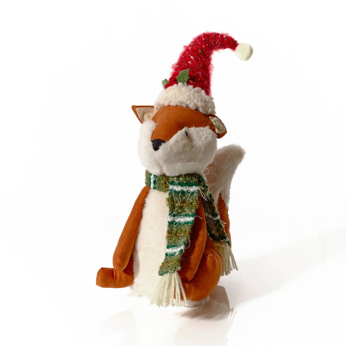 Standing Christmas Fox Figure | Festive plush decoration wearing a sparkly red Santa hat and a green striped scarf | UK seasonal animal ornament