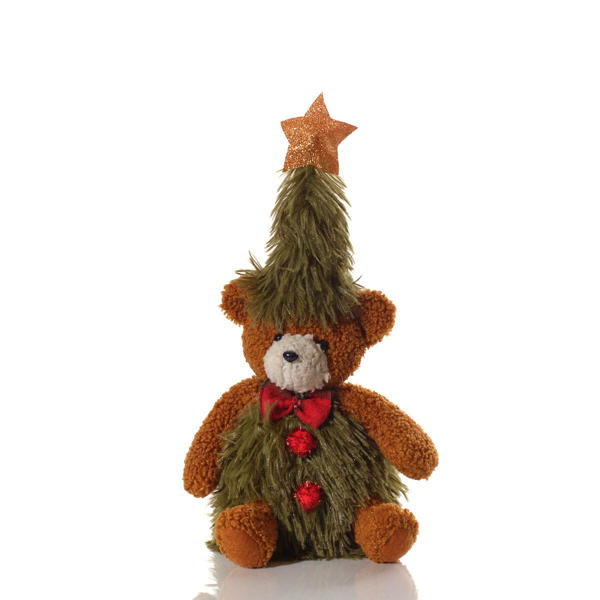 Christmas Teddy Bear Tree Topper Figure | Plush bear wearing a green faux-fur tree costume with a red bow and a gold star on top | UK seasonal decoration