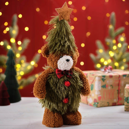 Standing Christmas Teddy Bear Tree Topper Figure | Plush bear wearing a green faux-fur tree costume with a plaid bow tie and gold star on top | UK seasonal decoration