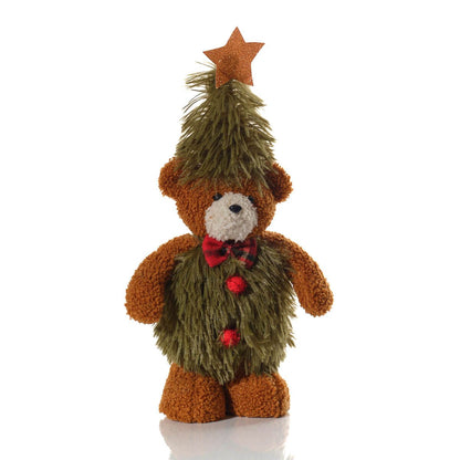 Standing Christmas Teddy Bear Tree Topper Figure | Plush bear wearing a green faux-fur tree costume with a plaid bow tie and gold star on top | UK seasonal decoration