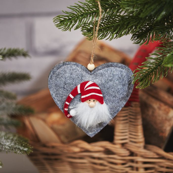 Grey felt heart Christmas tree hanging decoration | Featuring a small Santa gnome face with a red and white striped hat | UK seasonal ornament