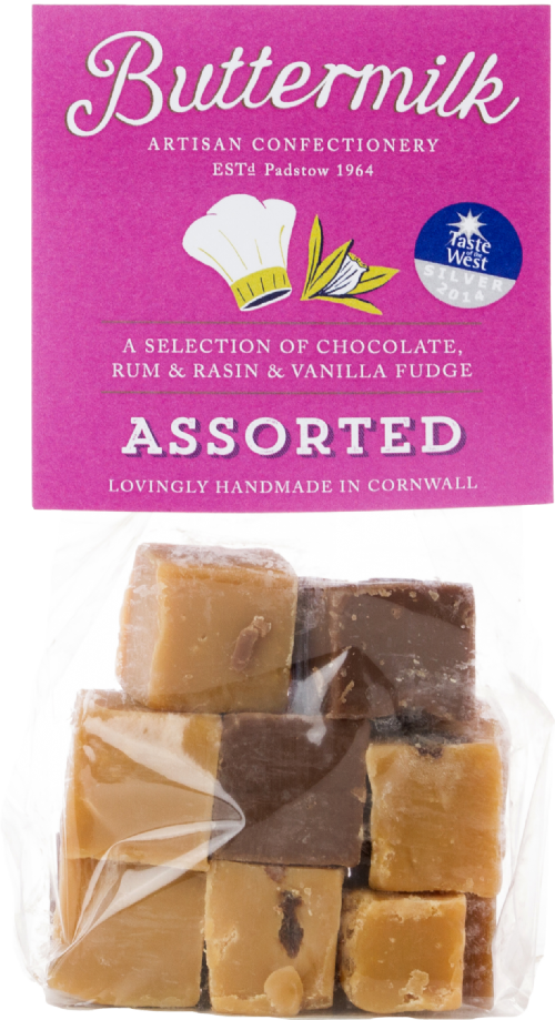 Buttermilk Artisan Confectionery assorted fudge packaging with fudge pieces visible.