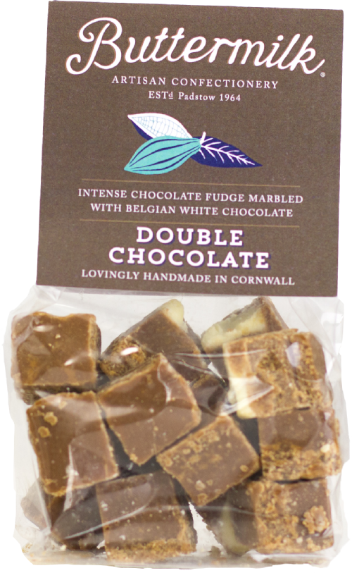 Packaged chocolate fudge with Buttermilk Artisan Confectionery branding