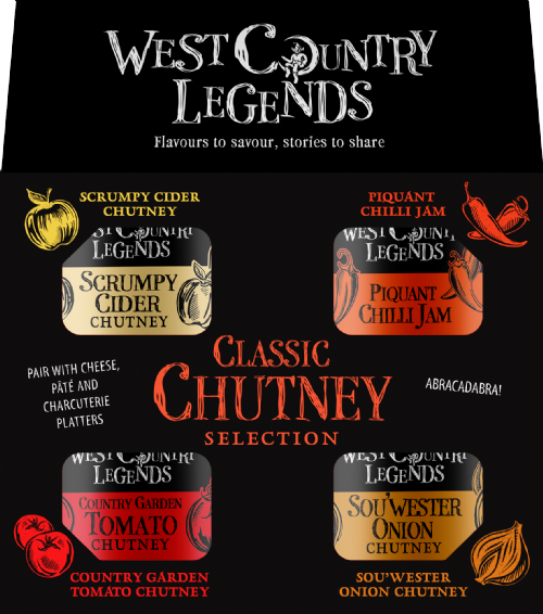West Country Legends Classic Chutney Selection box featuring four jars: Scrumpy Cider Chutney, Piquant Chilli Jam, Country Garden Tomato Chutney, and Sou'Wester Onion Chutney.