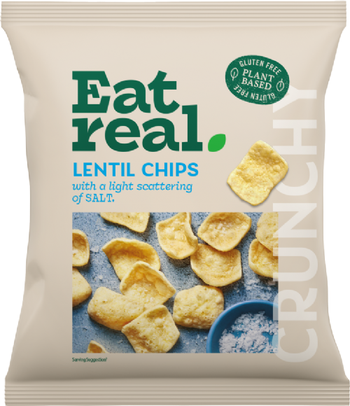 Packaging of Eat Real lentil chips with a light scattering of salt on a white background