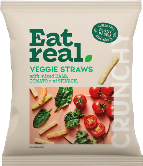 Packaging of Eat Real Veggie Straws with mixed kale, tomato, and spinach on a pink background.
