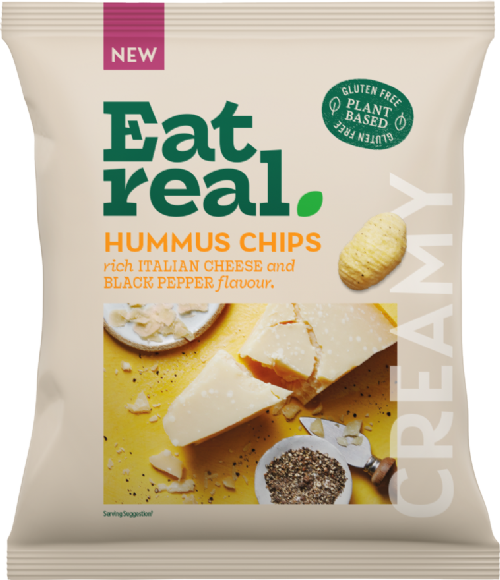 Packaging of Eat Real hummus chips with cheese and pepper on a yellow background