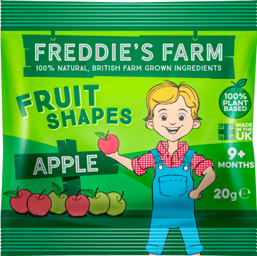 Freddie's Farm fruit shapes packaging with a child holding an apple