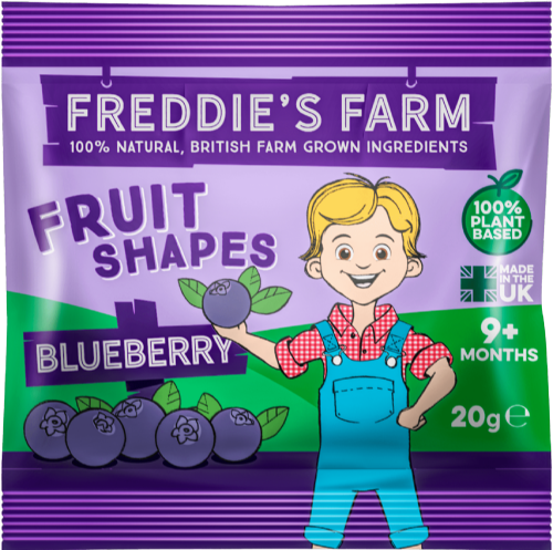 Freddie's Farm blueberry fruit shapes packaging with a cartoon character holding a blueberry.