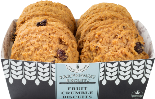 Box of Farmhouse Biscuits Fruit Crumble Biscuits with a decorative label.